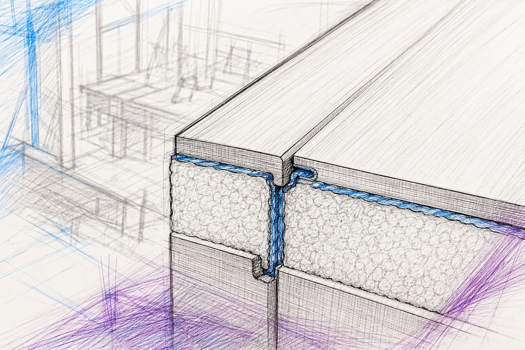 Close-up of SIP panel insulation and edge joint