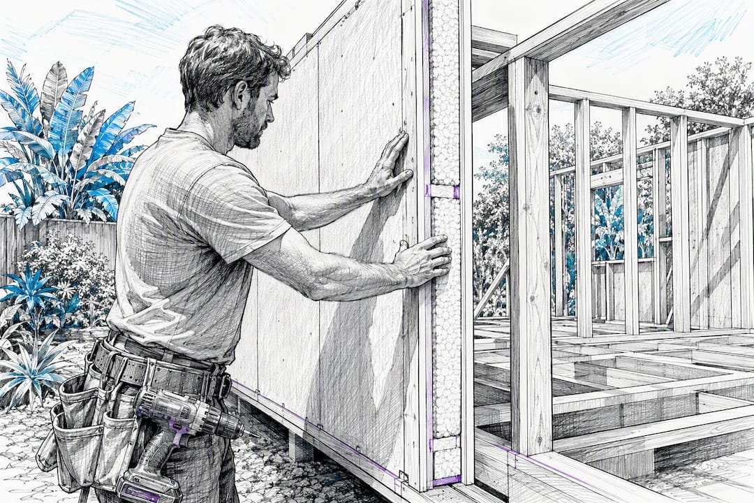 Hands installing a modular SIP panel outdoors