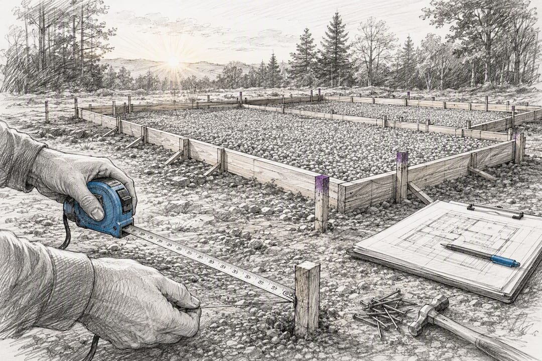 Hands measuring modular home foundation site