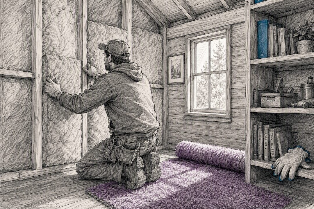 Worker installing insulation inside a backyard shed