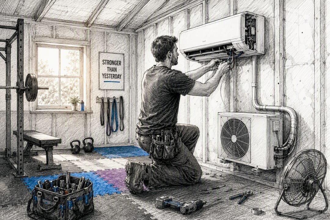 Technician installing mini-split unit in gym shed