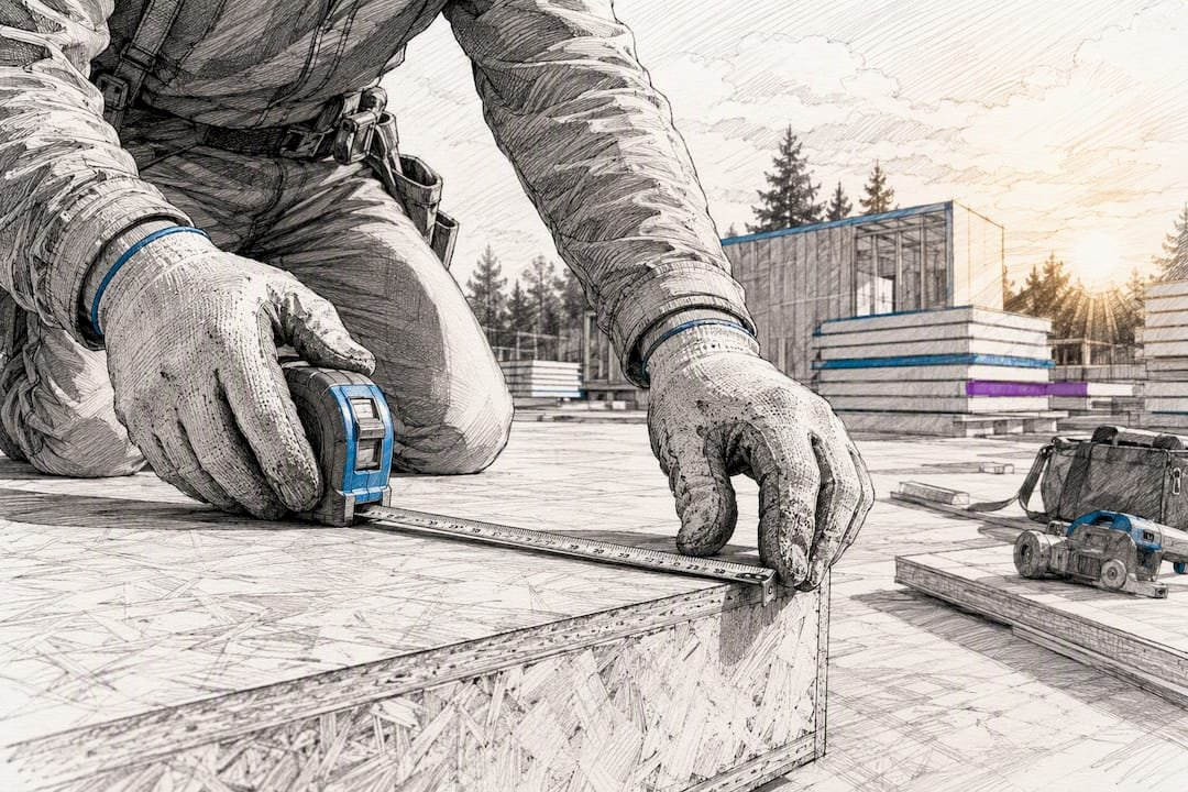 Hands measuring SIP panel edge with tape measure