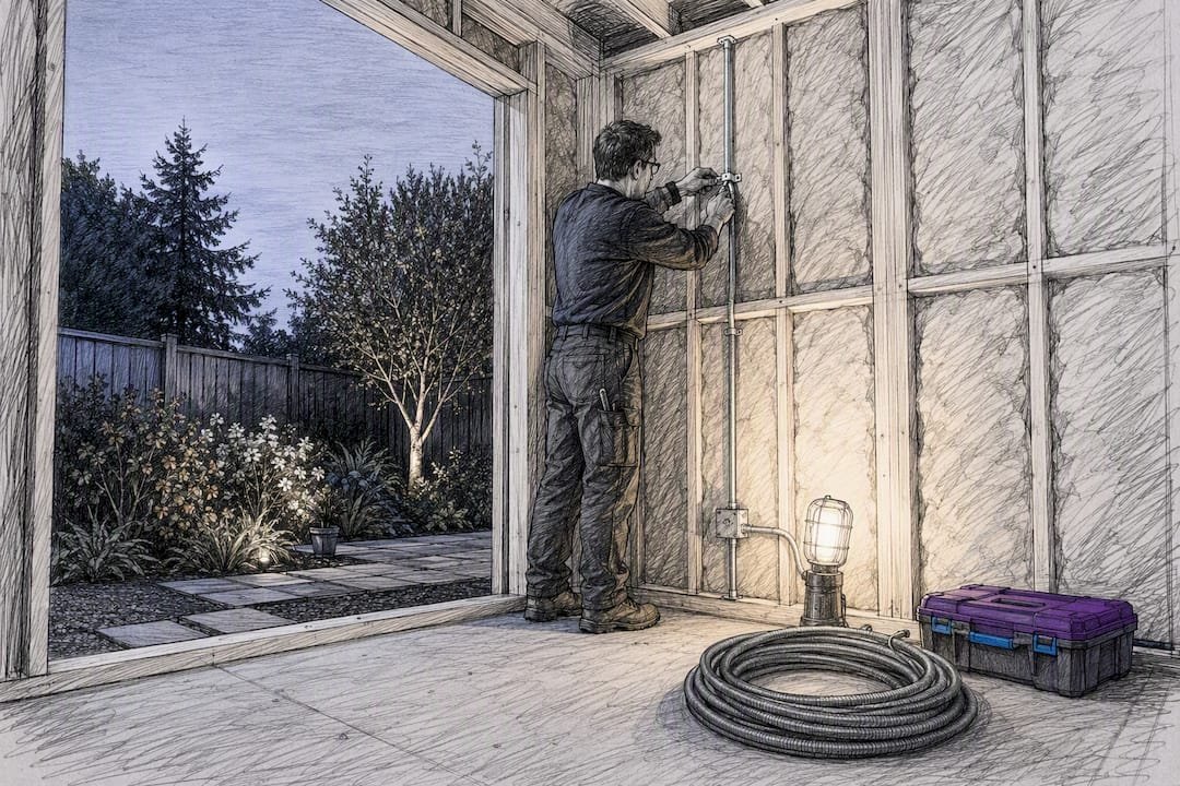 Homeowner assembling an insulated backyard office