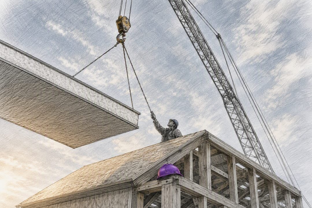 Crane lifting an insulated roof panel