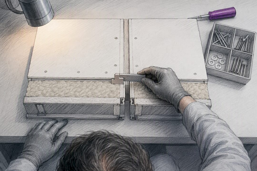 Technician inspecting a fire-rated panel joint