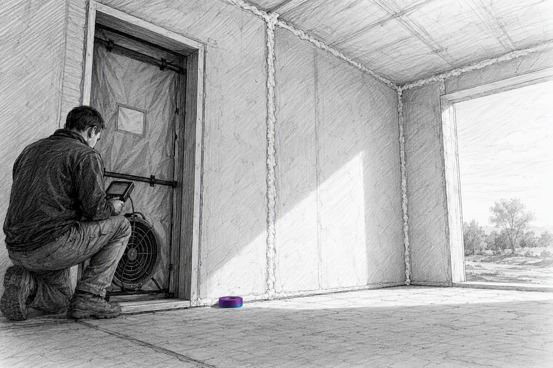 Technician testing air tightness in SIP shell