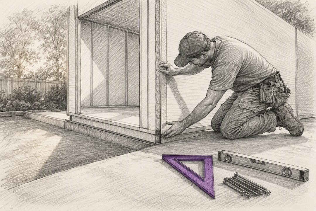 Homeowner aligning modular wall panels