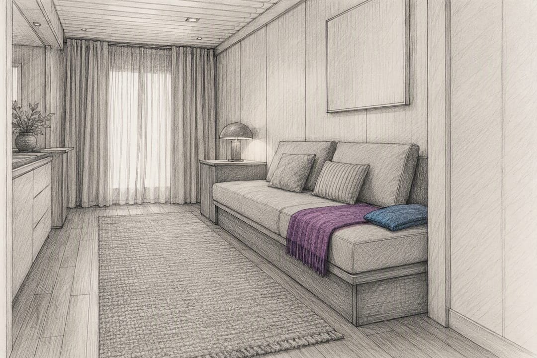 Rug upholstery and drapery soften container interior