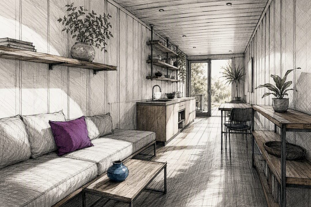 Finished narrow container interior with tailored furnishings
