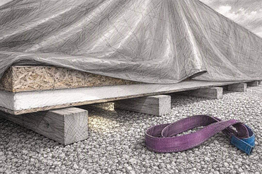 Covered SIP panels stored above ground