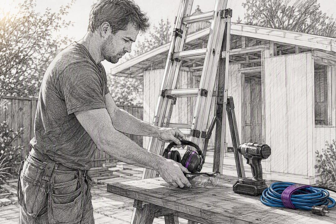 Builder preparing safety gear beside ladder