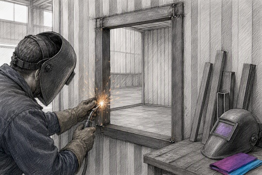 Worker welding reinforcement around steel opening
