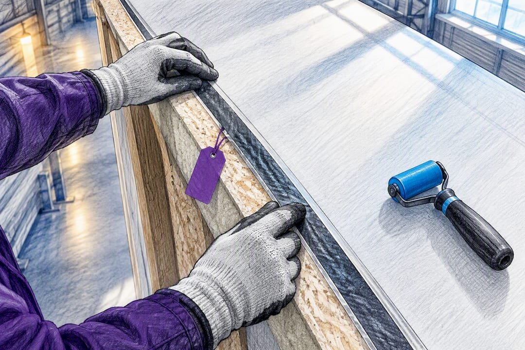 Technician inspecting prefab panel air barrier seam