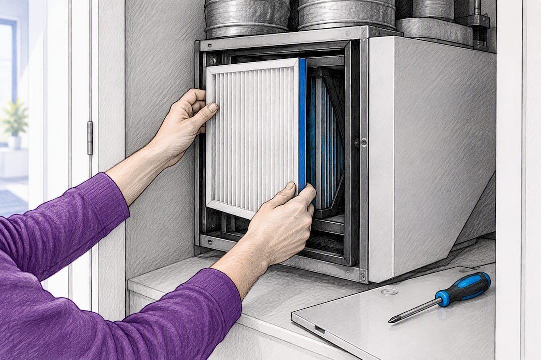 Hands replacing an HRV ventilation filter