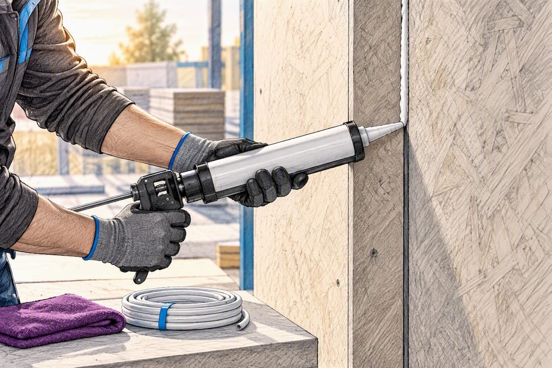 Installer sealing a prefab panel joint