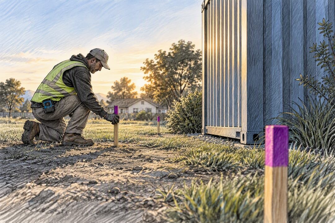 Survey stakes beside a container structure