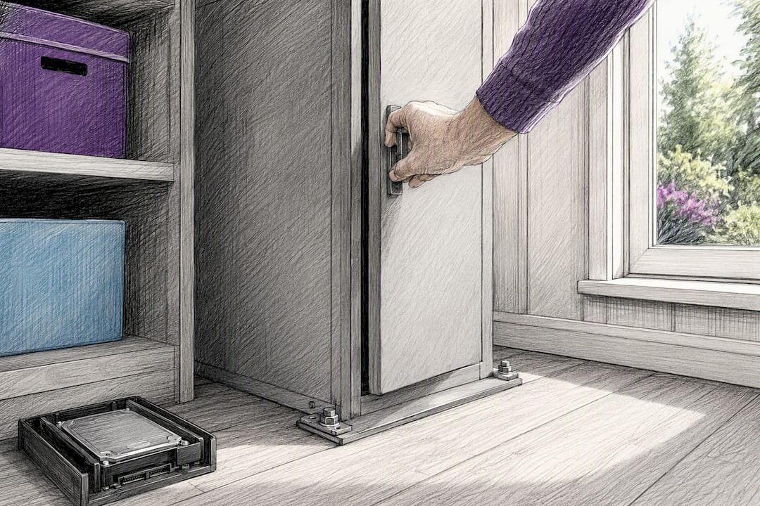 Anchored steel cabinet securing office valuables