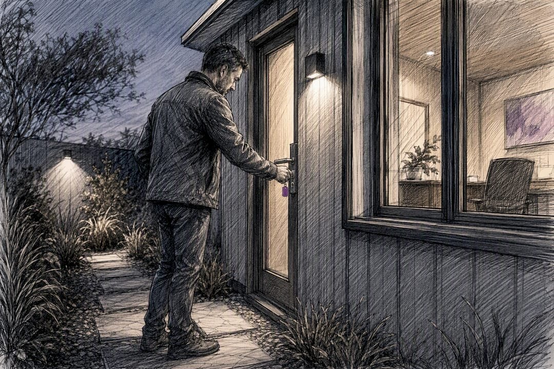 Secured garden office entry at dusk