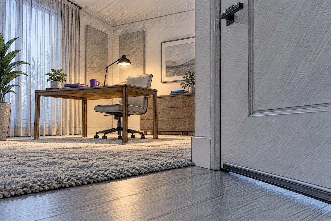 Quiet home office with sealed door and rug
