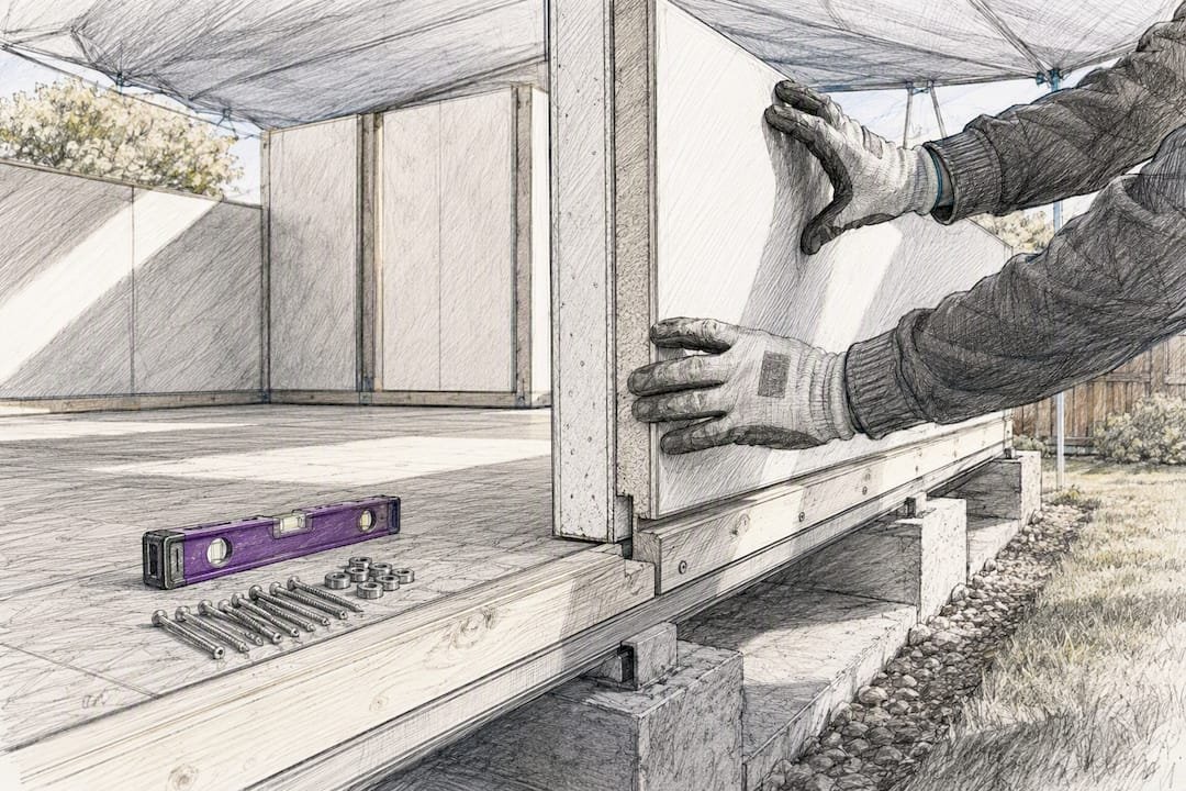 Hands assembling insulated garden office panels