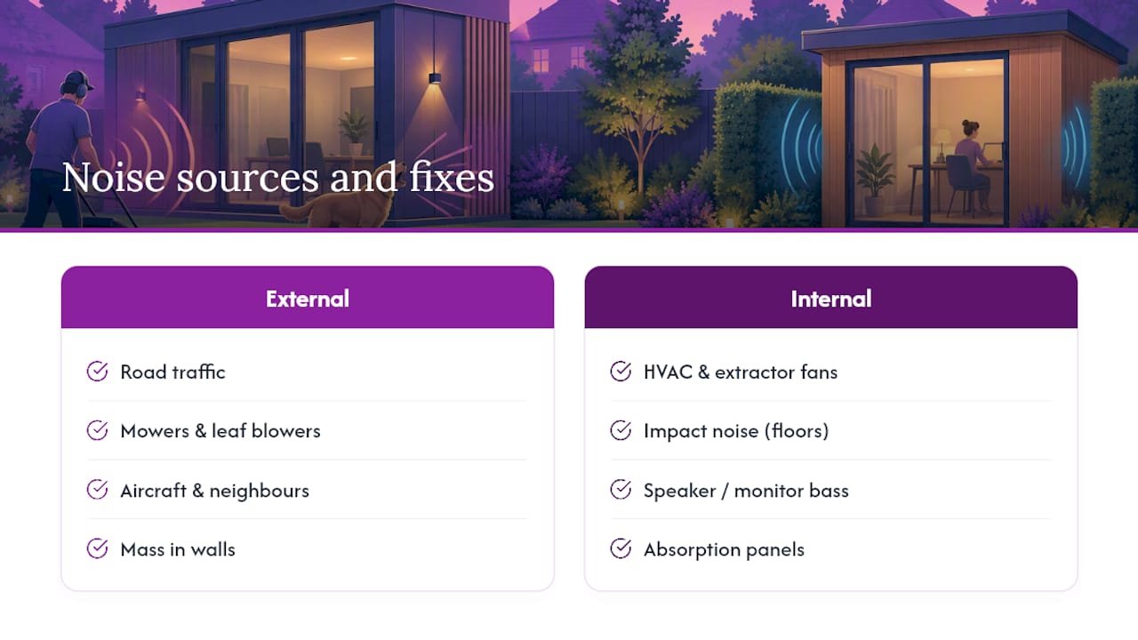 External and internal garden office noise fixes