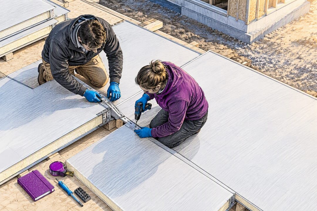 Homeowners preassembling insulated panels before lifting