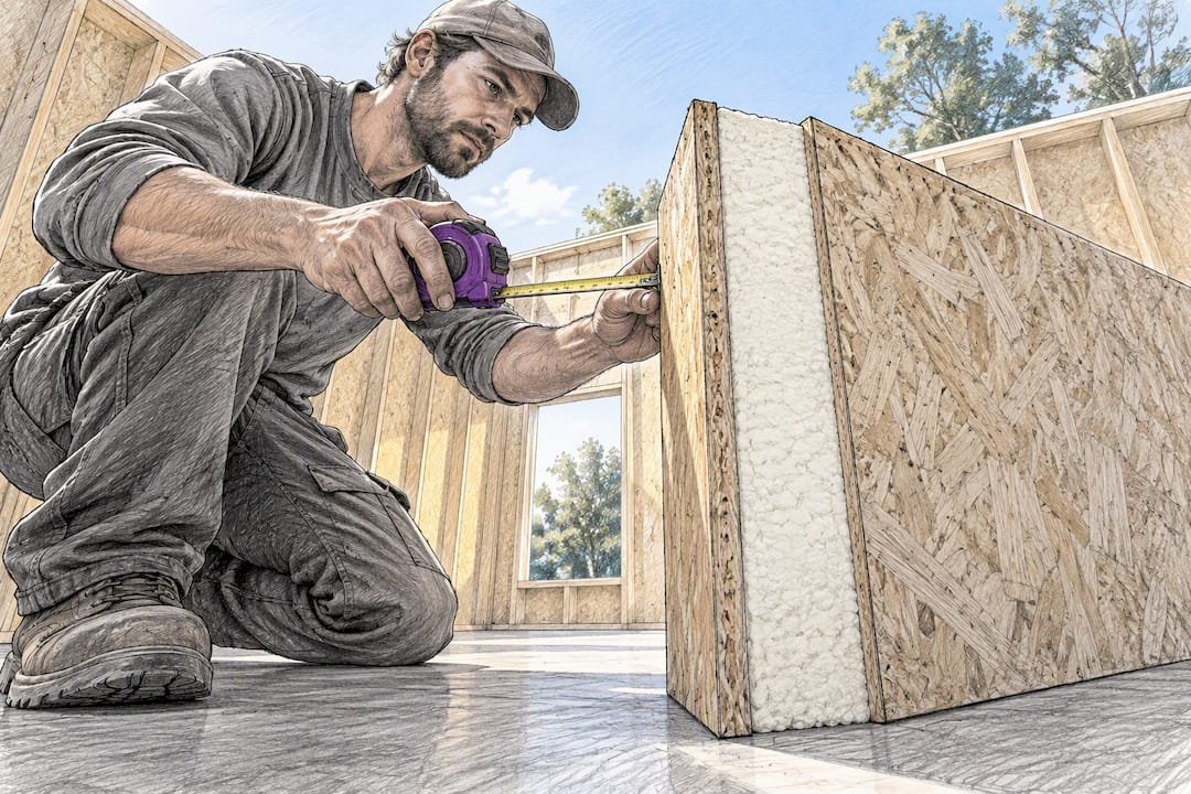 Builder measuring exposed SIP panel edge