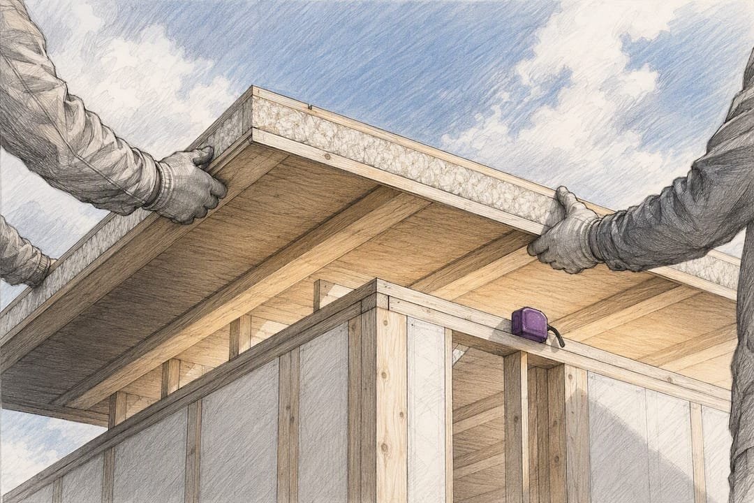 Builders installing insulated roof panel