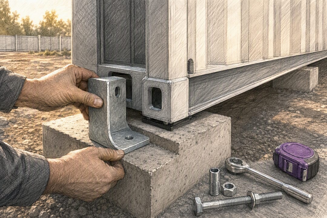 Anchor hardware beside container foundation