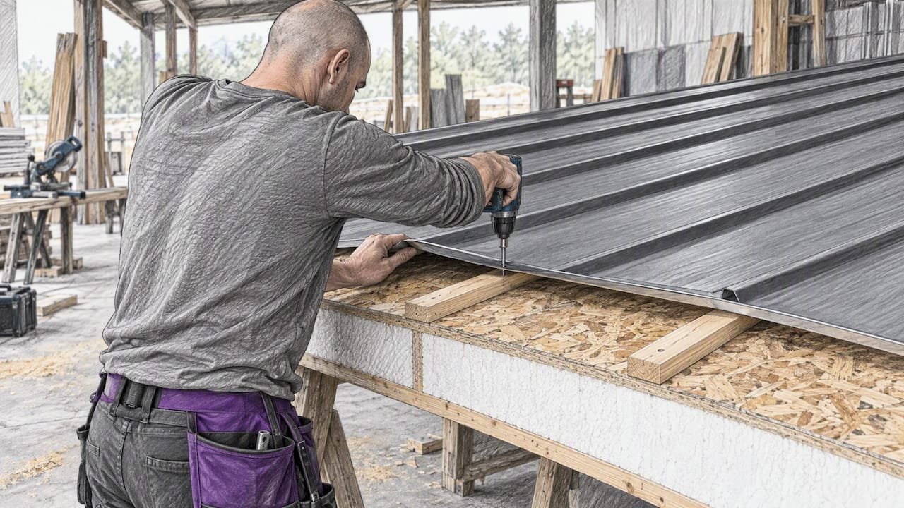 Fastener reaching roof strapping through metal panel