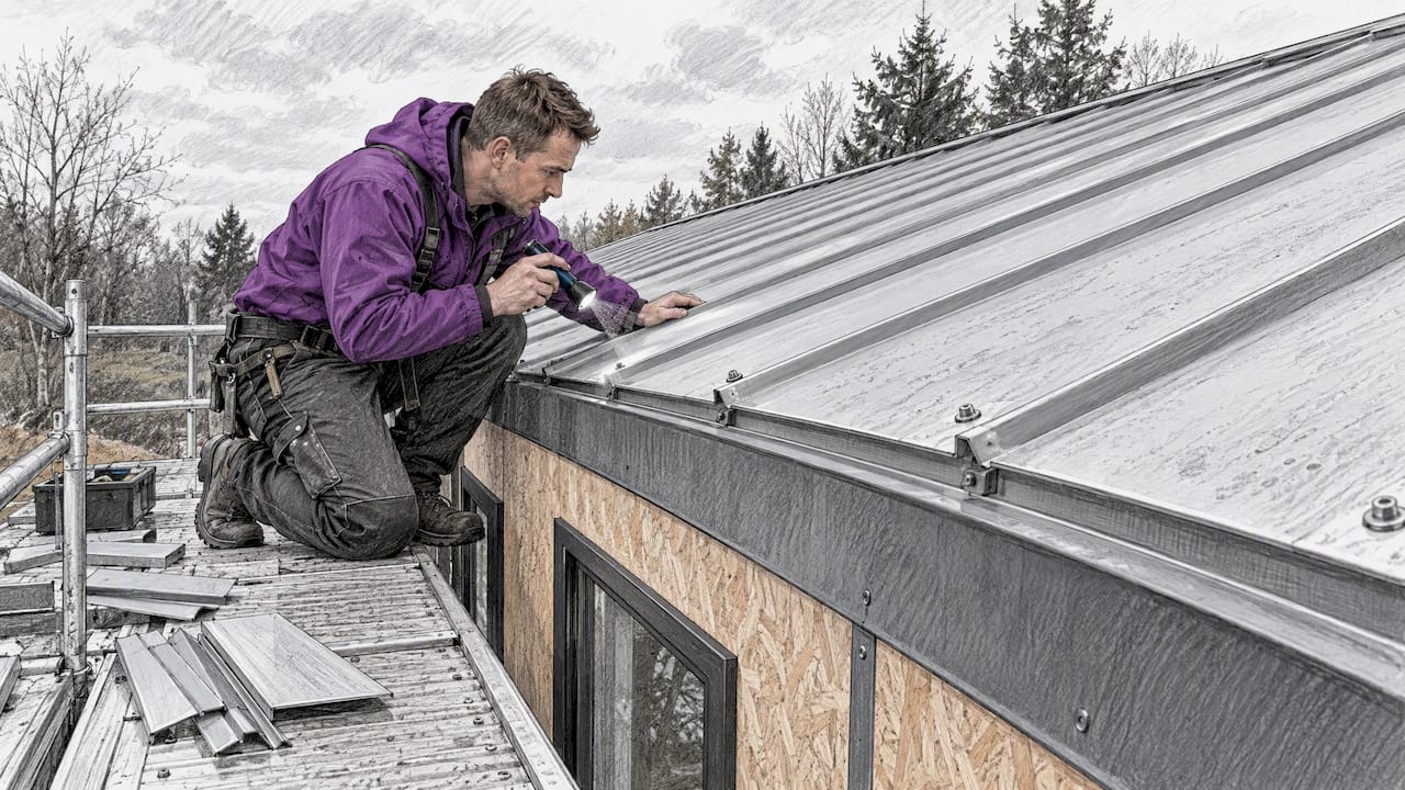 Contractor inspecting metal roof over SIP structure