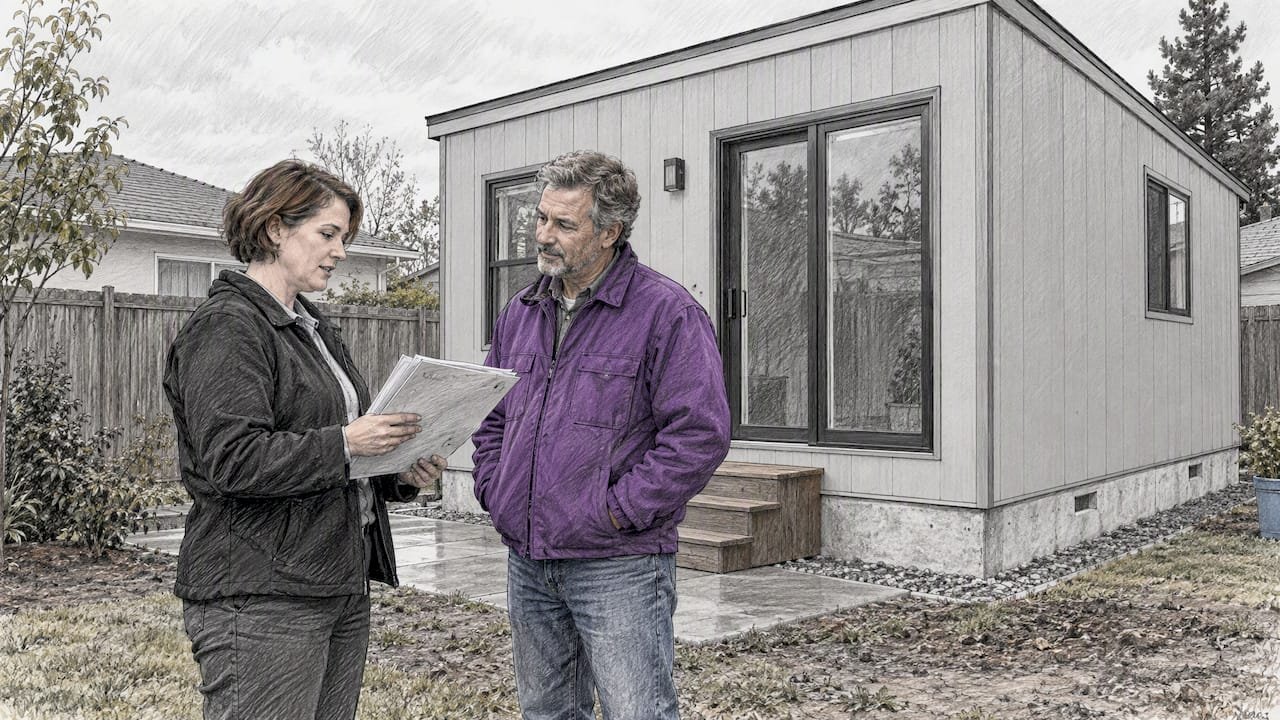 Assessor and homeowner reviewing prefab tax records
