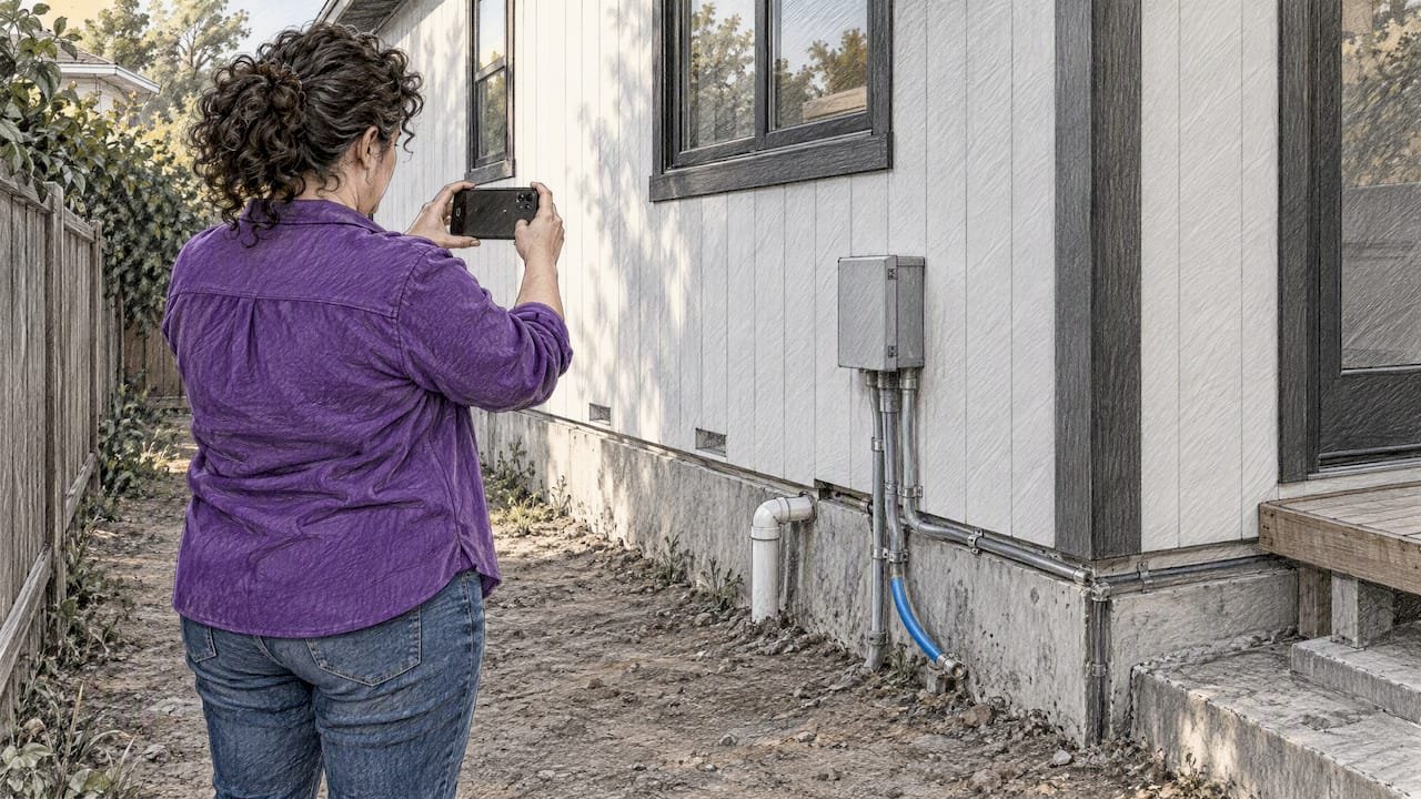 Homeowner photographing prefab foundation and utilities