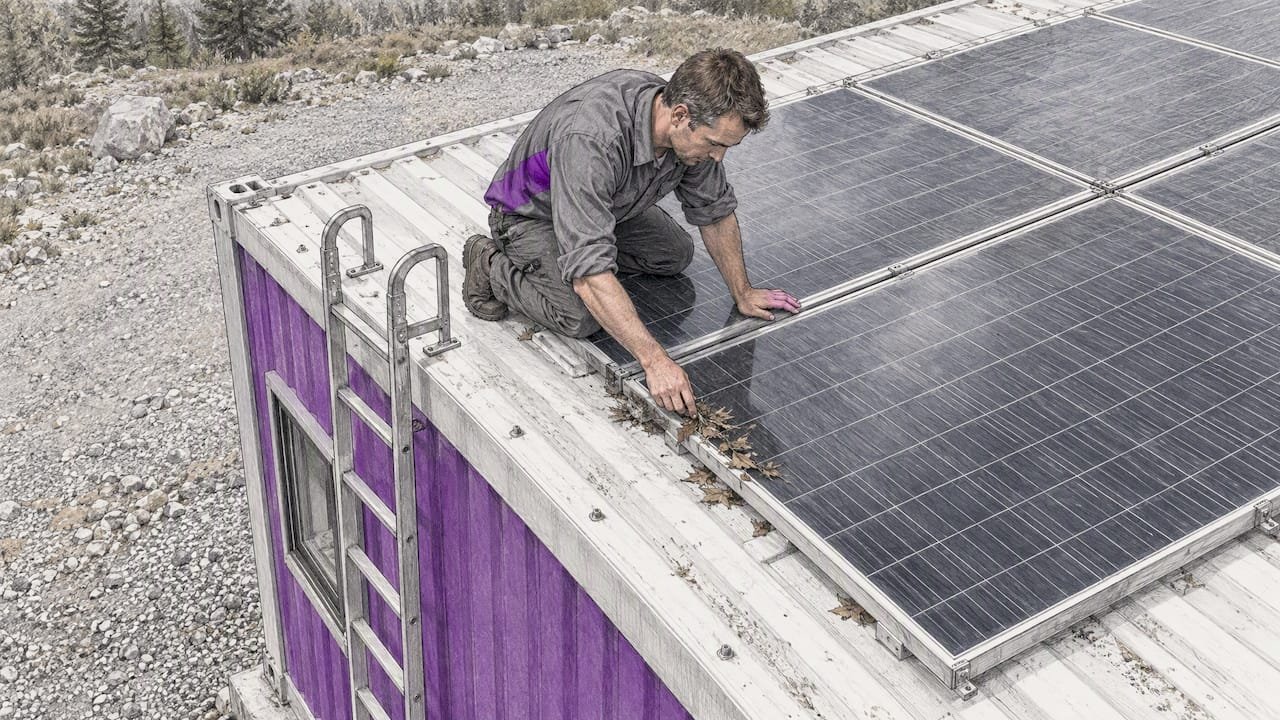Technician inspecting container office solar panels