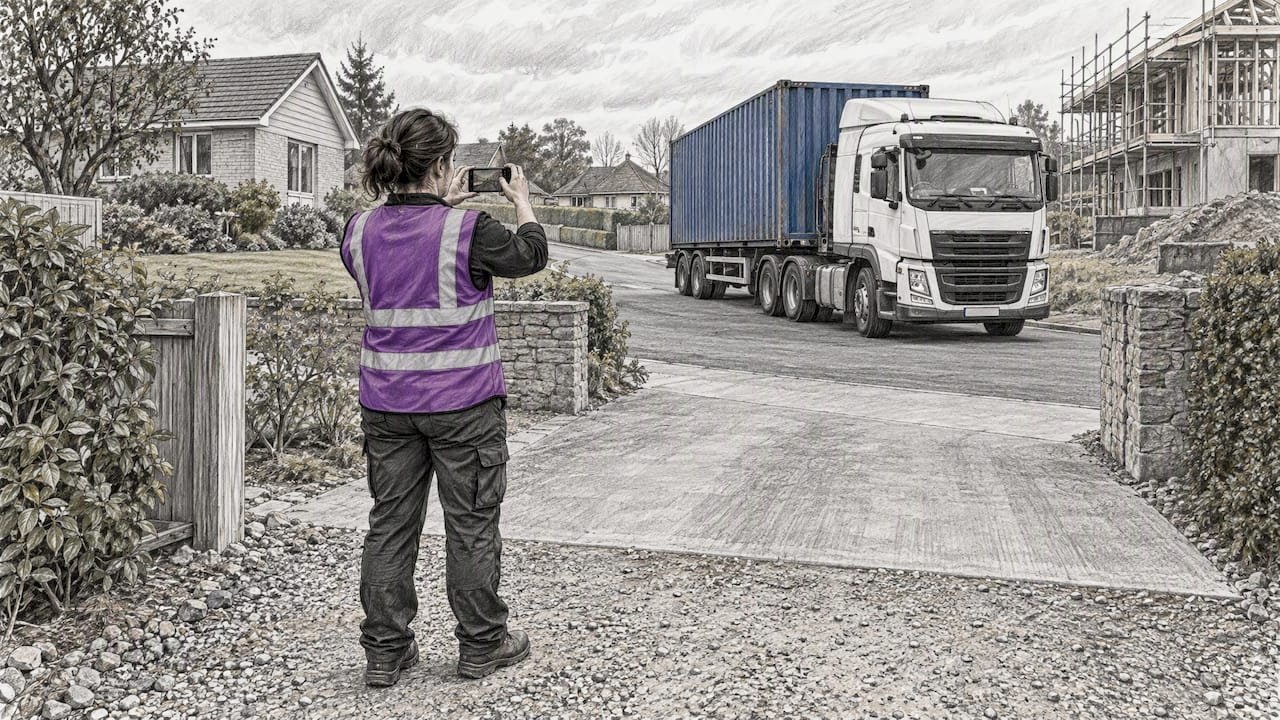 Installer photographing container delivery access