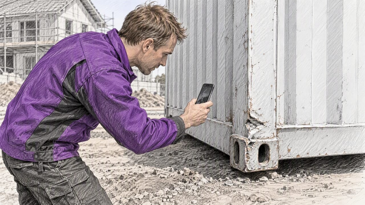 Installer photographing damage on container corner