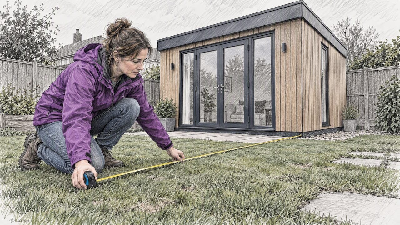 Homeowner measuring a garden room footprint