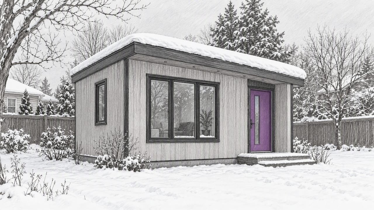 Snow resting on a prefab garden suite roof