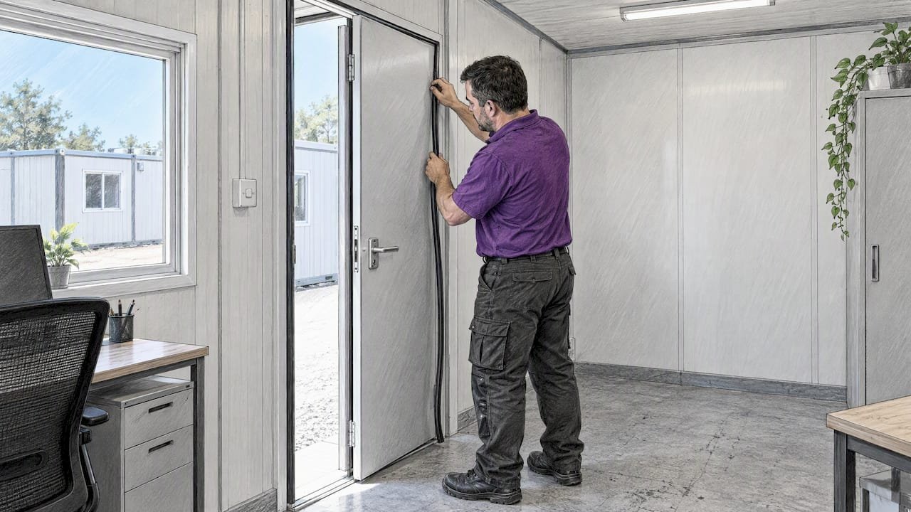 Technician fitting a seal around an office door