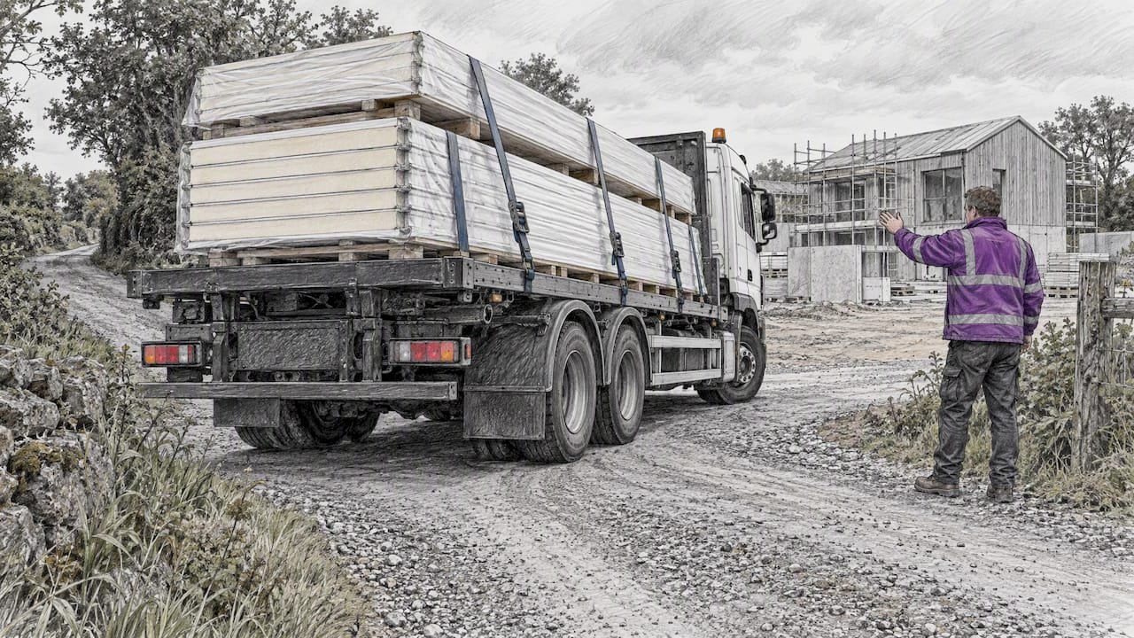 Flatbed carrying prefab panels along access road