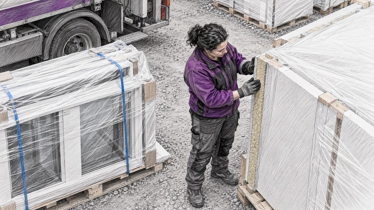 Worker checks glazing and insulated panel edges