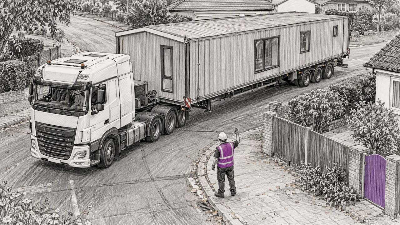 Modular delivery truck navigating a tight turn
