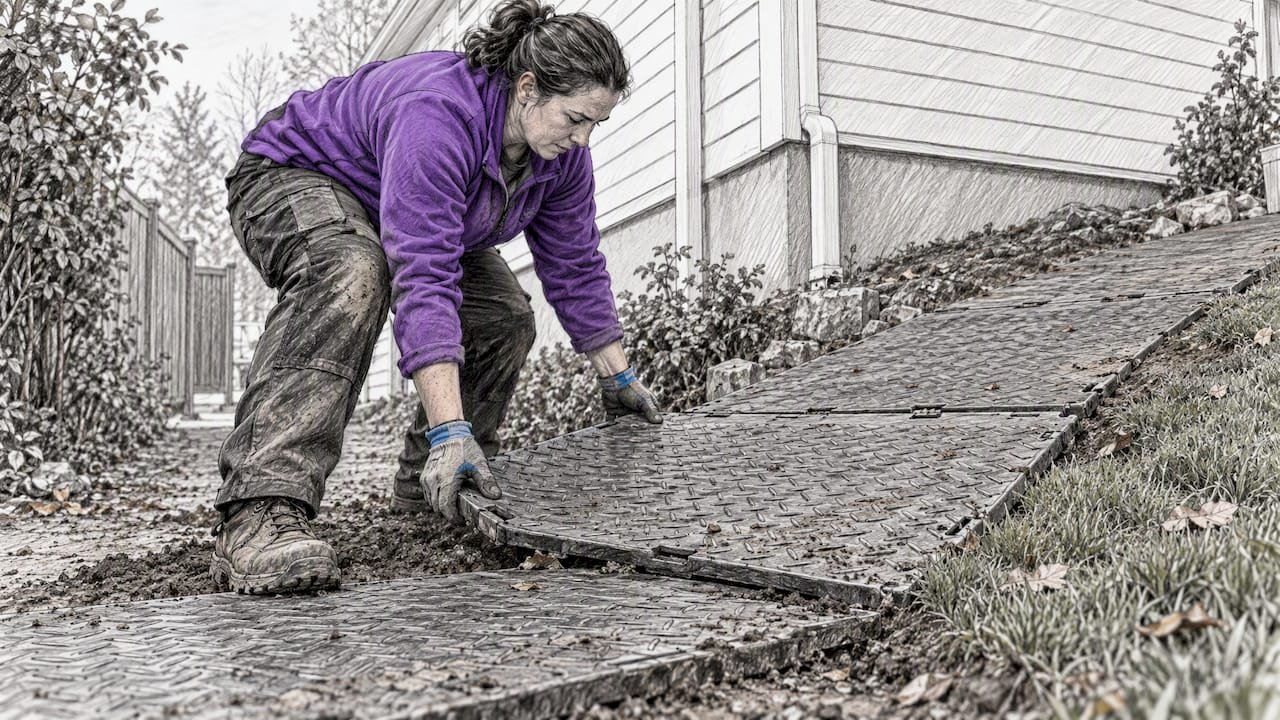 Temporary ground mats forming a yard access ramp