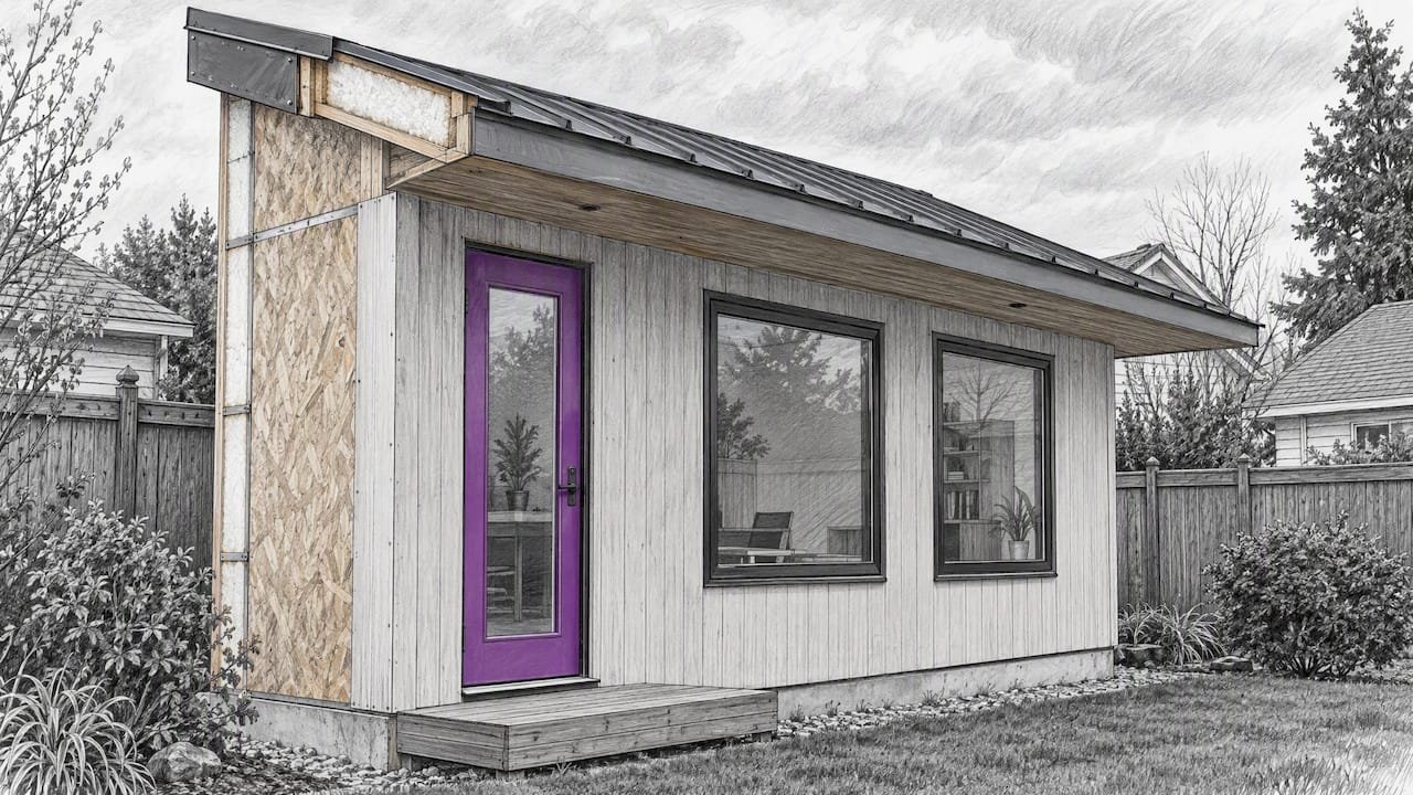Prefab garden office with pitched SIP roof