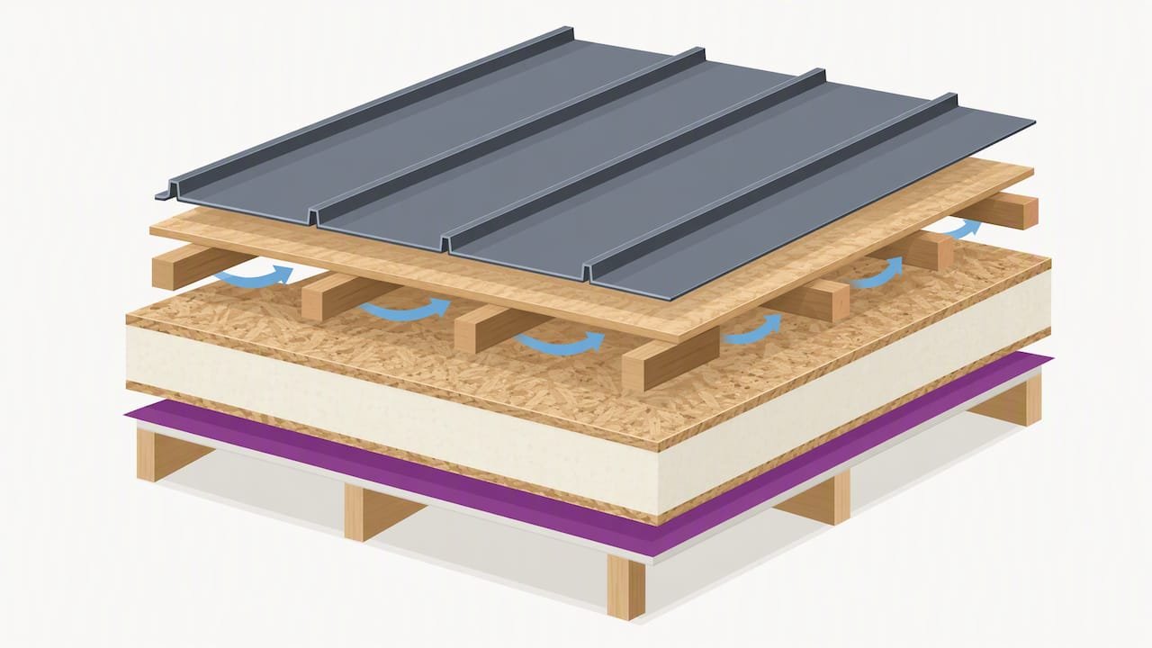 Cutaway of ventilated low-slope SIP roof layers